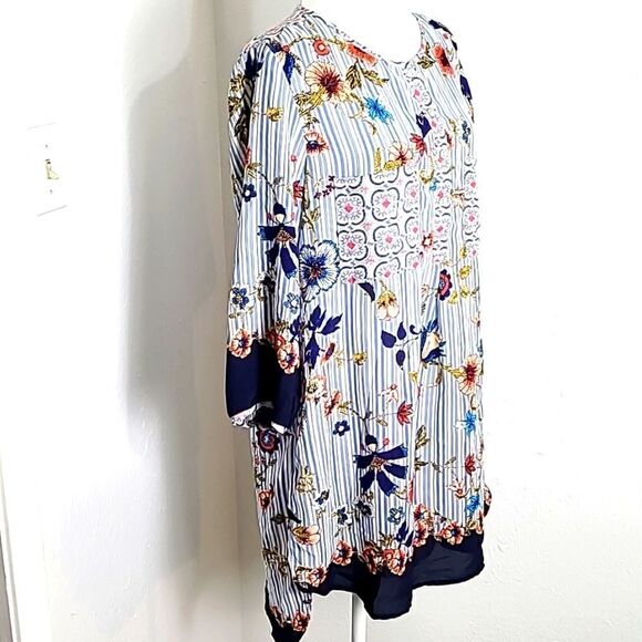 Valerie Stevens High-Low Dress,Blue Pinstripe,Navy Trim, Colorful Flowers, Sz XL - Picture 1 of 10